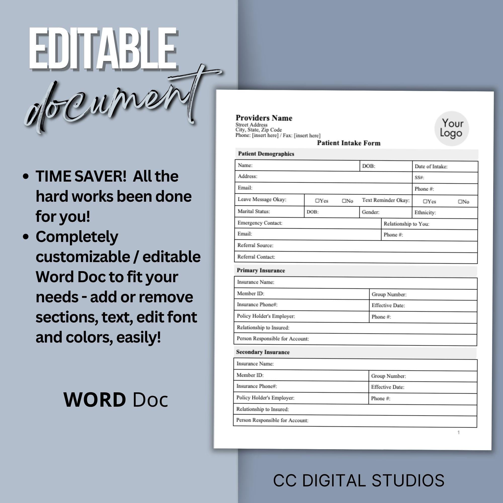 Medical Intake Form: New Patient Health History (WORD Doc, Digital ...