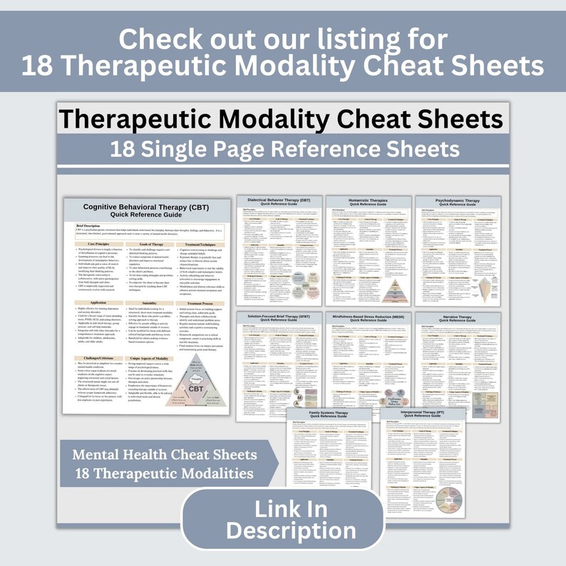 20 mental health infographic cards featuring different therapy modalities and mental health information! For therapists office, social workers, and school counselors, these 3x5 cards for workshops, therapy sessions, and psychoeducati