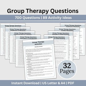 May include: A set of 32 pages of group therapy questions and activities. The pages are colour-coded and organised by topic, such as self-reflection, challenges and obstacles, communication and listening, icebreakers and introduction, gratitude and positivity, conflict resolution, empathy and understanding. The pages are titled "Group Therapy Questions" and "Group Therapy Activities".