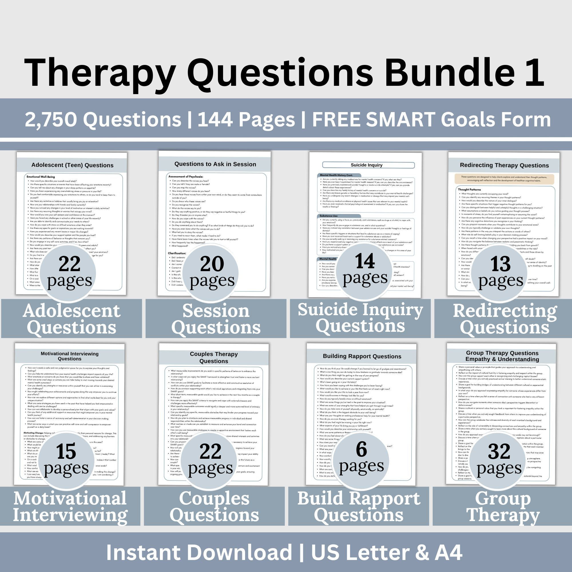 Therapy Questions Bundle: Psychotherapy Reference Sheets (digital ...