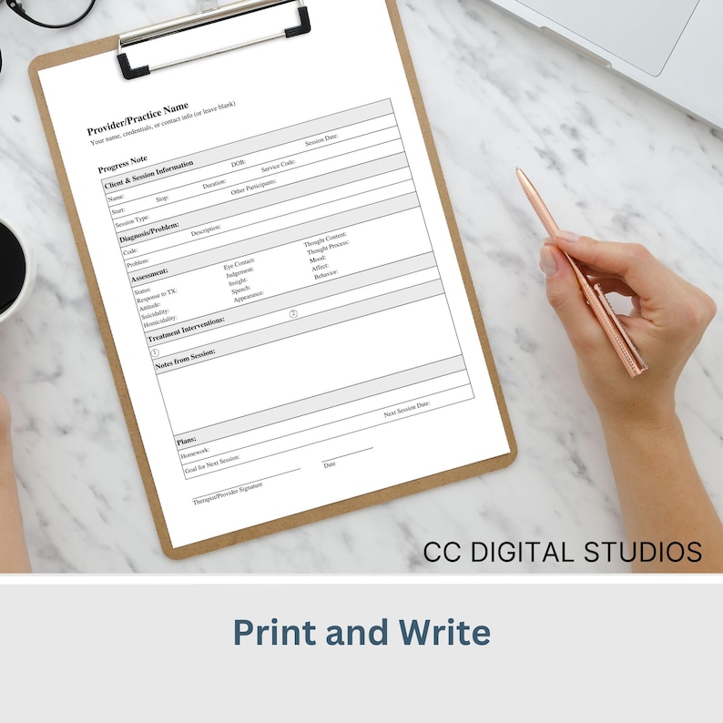 Convenient 1 page progress note template designed specially for Mental Health Counselors and Therapists. User-friendly template, crafted to streamline your therapy session notes and psychotherapy documentation.