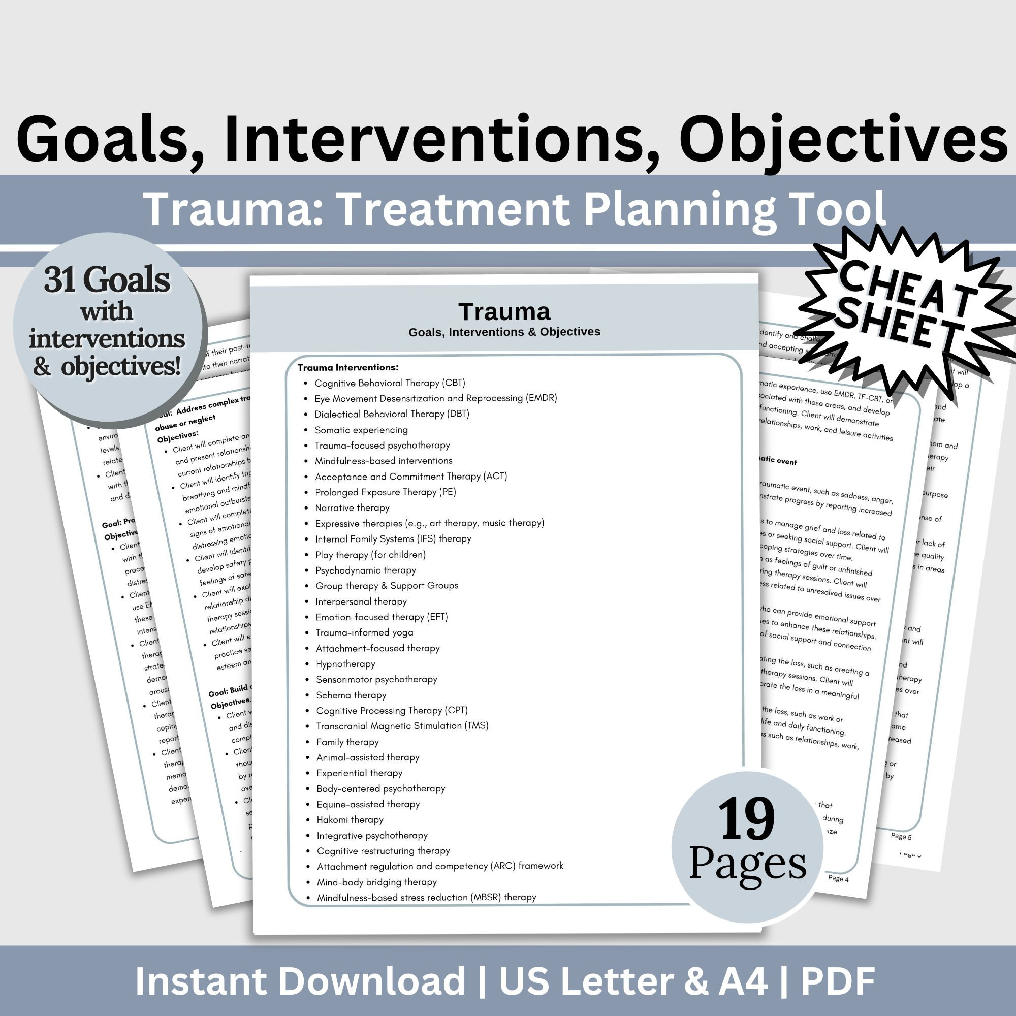 Trauma Therapy Cheat Sheet: Goals, Objectives, Interventions (printable ...