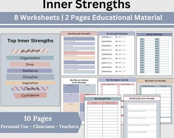 May include: A printable worksheet set for identifying and building inner strengths. The set includes 8 worksheets on 10 pages, with titles like "Identifying My Strengths", "My Strength Evaluation", "30 Day Challenge", "My Plan to Achieve Inner Strength", "My Strengths Journal", "My Goals for Strength", "My Strength Plan", and "Building My Inner Strength". The worksheets are designed with a pastel color scheme and feature decorative washi tape accents.