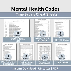 Mental Health Codes Cheat Sheet, DSM-5 Code, Clinical Terms Reference, CPT Codes, ICD-10, Mental Health Report Writing, Diagnosis Codes