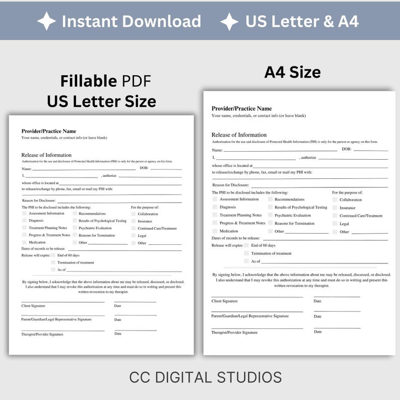 Release of Information (ROI) Form, designed specifically for mental health professionals.  Release of Information, Informed Consent, Mental Health ROI, Private Practice Paperwork, Therapy Tools, Therapy Consent Form, HIPAA Form
