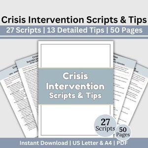 Peut inclure: Une couverture de produit de téléchargement numérique bleue et blanche avec le texte "Crisis Intervention Scripts & Tips" et les détails "27 Scripts | 13 Detailed Tips | 50 Pages".
