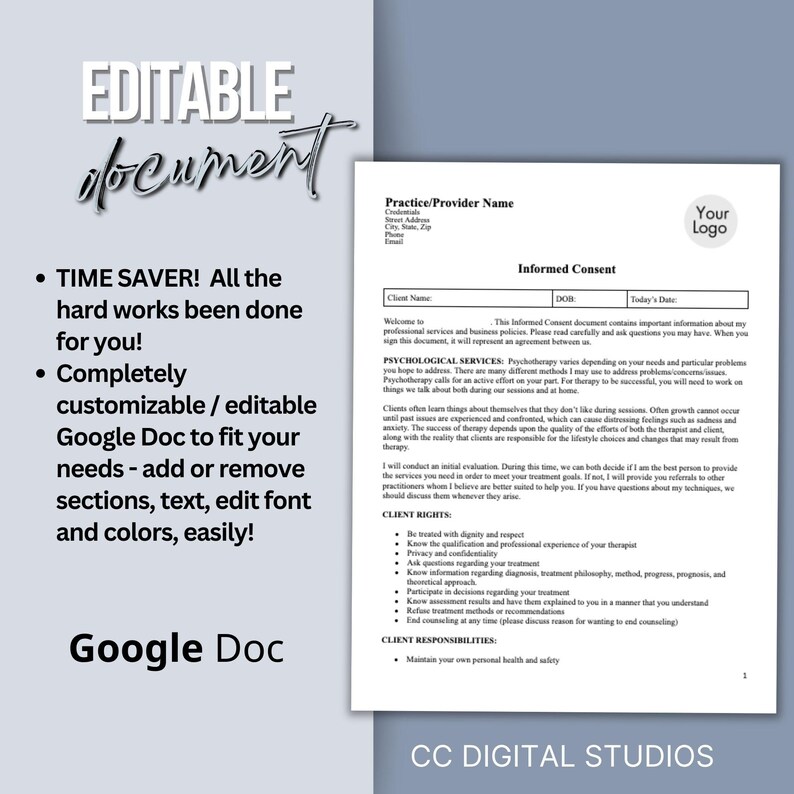 Client Rights Form Template Mental Health Informed Consent Form: Editable Google Doc Template (US ...