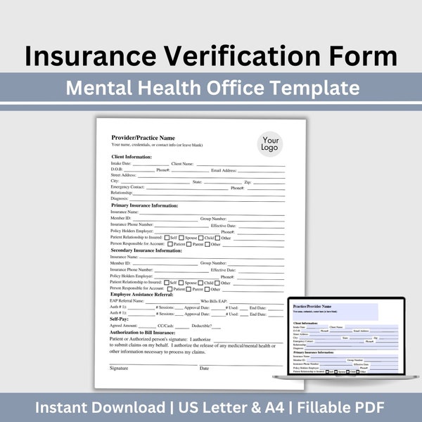 Insurance Verification Form for Therapist Office, Private Practice Therapy Forms, Client Intake, Psychology Office Forms, Mental Health Form