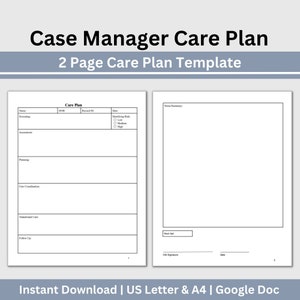 May include: A black and white printable care plan template for case managers. The template is divided into two pages. The first page includes sections for name, date of birth, record ID, date, screening, assessment, planning, care coordination, transitional care, and follow up. The second page includes sections for notes summary, next appointment, CM signature, and date.