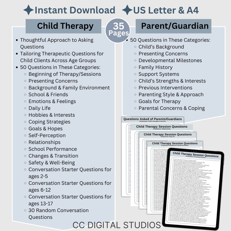 1,430 Child Therapy Questions.  Therapy cheat sheets – resource for your counseling office, school psychology, or social work practice.  Child therapy tools