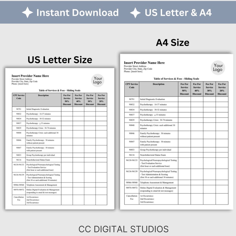 Clinical Fees Template: Sliding Scale for Therapists (google Doc) - Etsy