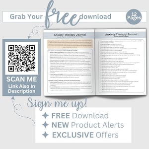 Puede incluir: Una descarga gratuita de un diario de terapia de ansiedad de 12 p&aacute;ginas con un c&oacute;digo QR para escanear para obtener m&aacute;s informaci&oacute;n. El diario incluye indicaciones para procesar la ansiedad a trav&eacute;s del diario, identificar desencadenantes y patrones, y desafiar los pensamientos negativos. El diario tambi&eacute;n incluye un formulario de registro para descargas gratuitas, alertas de nuevos productos y ofertas exclusivas.