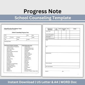 以下が含まれることがあります： 「進捗ノート」と「学校カウンセリングテンプレート」というタイトルの2ページの学校カウンセリングテンプレート。最初のページには、生徒の情報、提示される問題、介入技術のセクションが含まれています。2ページ目には、目標とメモのセクションがあります。