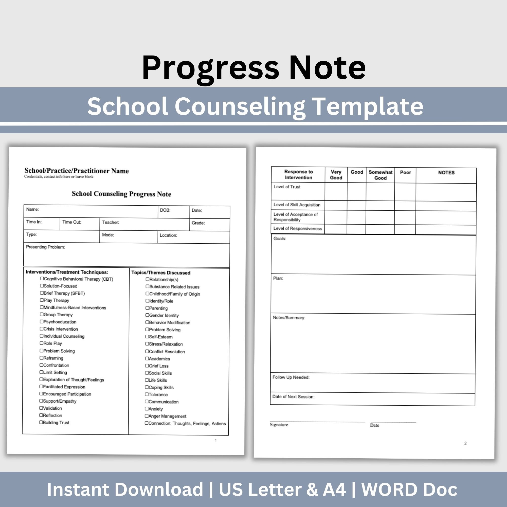 School Counselor Progress Note Template, Therapy Notes (US Letter & A4 ...