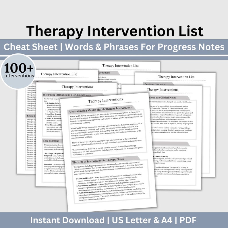 Comprehensive list of psychotherapy interventions that can be personalized for individual clients.  Use this therapy tool of clinical terms to identify phrases and starter statements that are most applicable.
