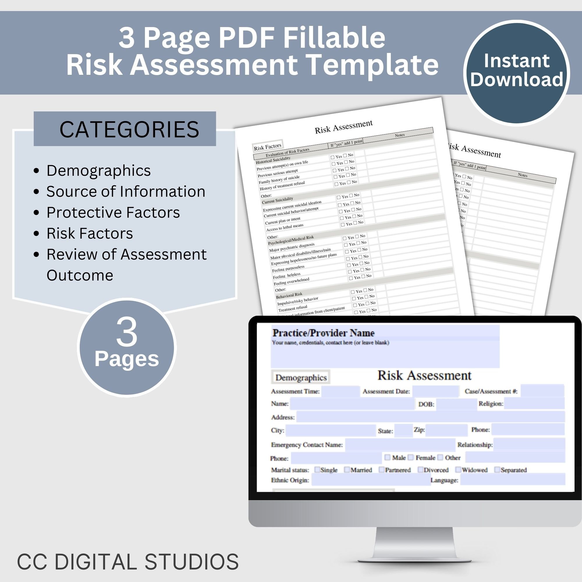 Mental Health Risk Assessment, Suicide Therapy Questions (fillable PDF ...