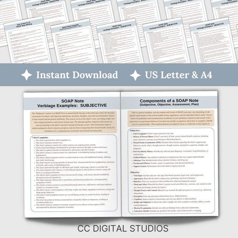 SOAP Note Guide tailored specifically for mental health therapists – your ultimate companion for efficient and organized documentation. Designed to streamline your therapy notes with user-friendly prompts and insightful examples