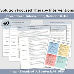 Puede incluir: Un conjunto de hojas blancas impresas con el título "Solution Focused Therapy Interventions" y el texto "Cheat Sheet | Intervention, Definition & Use". Las hojas incluyen información sobre intervenciones, técnicas y preguntas clave. La imagen también incluye el texto "Instant Download | US Letter & A4 | PDF."
