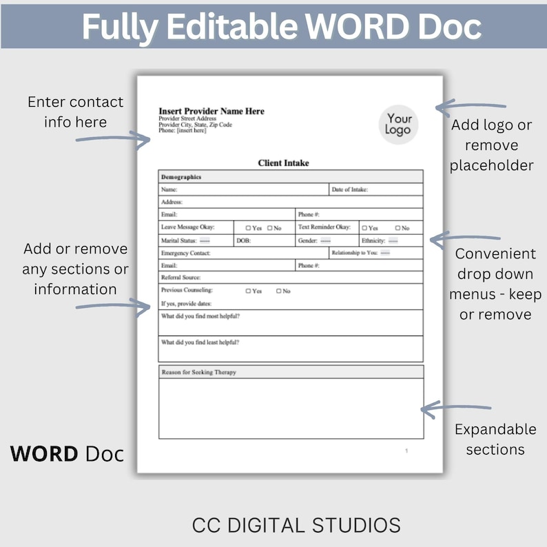 Therapist Client Intake Form: Editable Therapy Template (WORD Doc) - Etsy