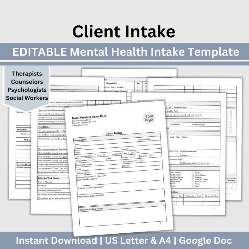 Mental Health Client Intake Form, a customizable Google Docs template specifically crafted for mental health practitioners, including therapists, counselors, psychologists, and social workers.