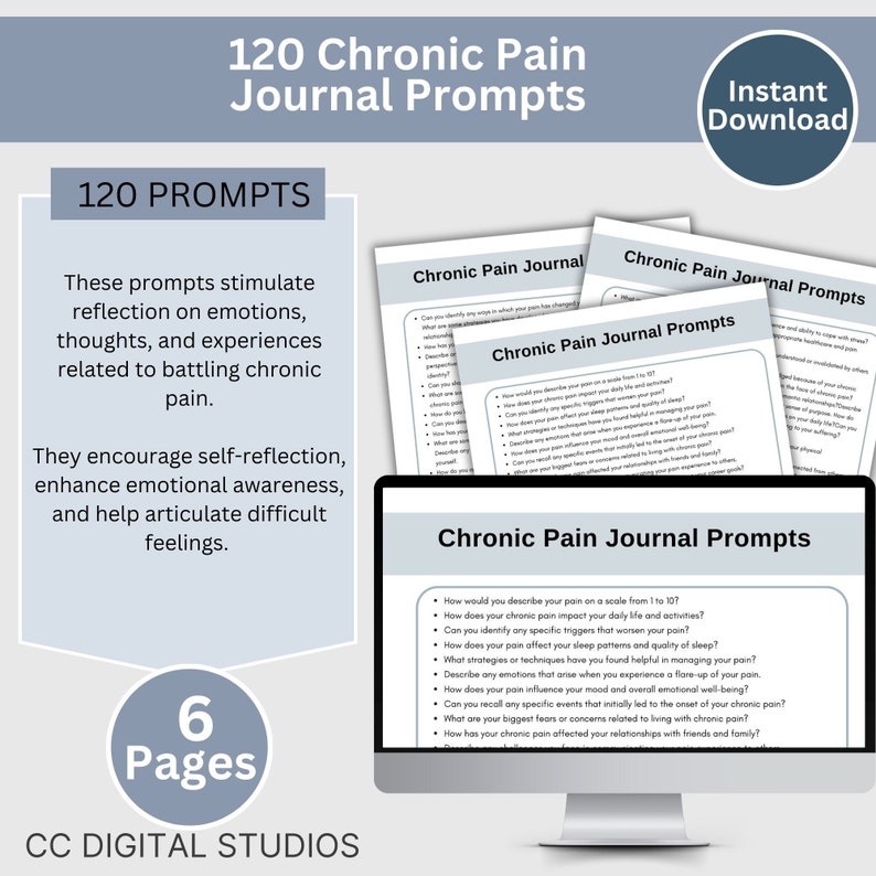 Flat lay of journaling toolkit with the chronic pain prompts beside pen and mug, designed for morning or evening check-ins that reduce overwhelm, encourage compassion, and make progress feel visible over time.
