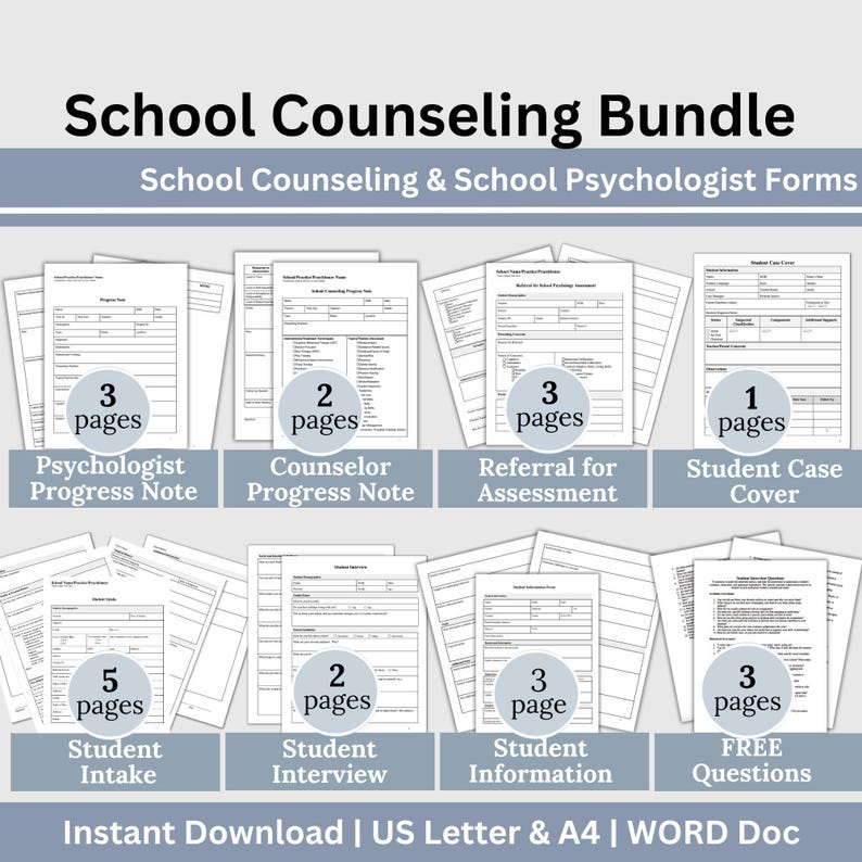 Editable Word school counseling forms bundle with student intake info, progress notes, referral template, case cover checklist, interview forms and information form to streamline documentation for counselors and psychologists.