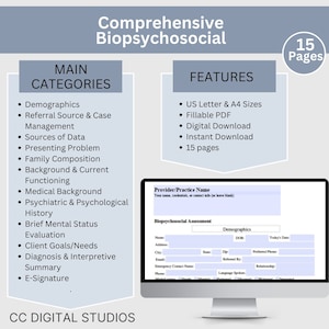 15-page comprehensive biopsychosocial fillable PDF template! Perfect for therapists, school psychologists, and professionals in psychology fields. Streamlining your therapist office, therapy  notes, psychology, therapy tool, therapy resource