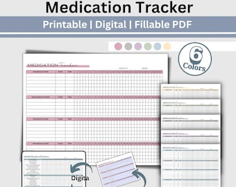 May include: Printable medication tracker in landscape format. The tracker is divided into four sections for AM, noon, PM, and PRN medications. Each section has columns for medication name, dose, time, and days of the month. The tracker is designed to be filled out digitally.