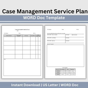Può includere: Un modello di documento Word per un piano di servizio di gestione dei casi, composto da due pagine bianche con testo nero e linee a griglia. Il documento include campi per le informazioni sul cliente, obiettivi, azioni, date e firme.