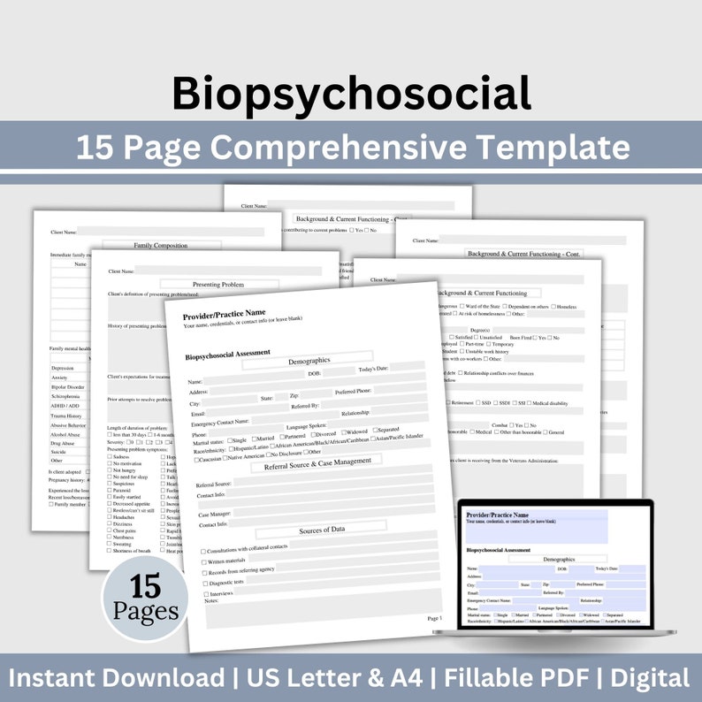 15-page comprehensive biopsychosocial fillable PDF template! Perfect for therapists, school psychologists, and professionals in psychology fields. Streamlining your therapist office, therapy  notes, psychology, therapy tool, therapy resource