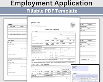 May include: A stack of employment application forms with the title "Employment Application" and the text "Fillable PDF Template". The forms are white with black text and include sections for personal data, work history, and position.