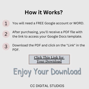 May include: A light background graphic with the text "How it Works?" and numbered steps. The steps explain how to access a Google Docs template after purchase. The graphic includes the phrases "Click This Link for Your Download" and "Enjoy Your Download."