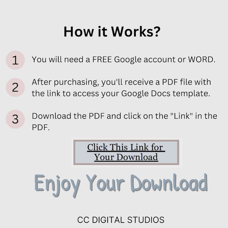 May include: A light background graphic with the text "How it Works?" and numbered steps. The steps explain how to access a Google Docs template after purchase. The graphic includes the phrases "Click This Link for Your Download" and "Enjoy Your Download."