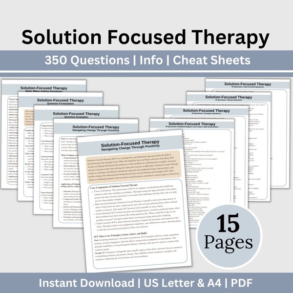 Solution Focused Therapy Questions Cheat Sheets, Reference Sheets for Therapist Office, Therapy Tools for Counseling Office, Brief Therapy