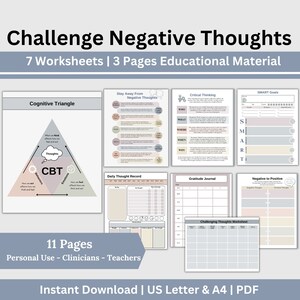 CBT Therapy Worksheets Challenge Negative Thoughts, Cognitive Distortions Thought Journal, Mental Health Workbook, CBT, DBT Therapy Resource