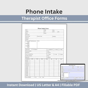 May include: A printable phone intake form for therapists. The form includes sections for patient information, insurance details, availability, and session scheduling. The form is designed for use with a computer and can be filled out electronically.