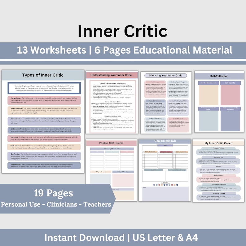 Inner Critic therapy resources, rooted in CBT, empower you to silence your inner critic, boost self-esteem, and foster self-compassion. Counseling office therapy  resources