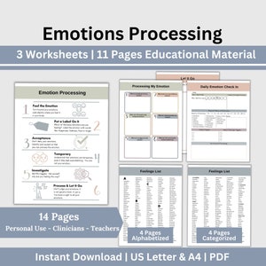 以下が含まれることがあります： 感情処理のための印刷可能なワークシートセット。このセットには、「感情処理」、「私の感情の処理」、「手放す」、「毎日の感情チェック」というタイトルのワークシートが11ページ含まれています。ワークシートには、個人が自分の感情を理解し、管理するのに役立つさまざまなアクティビティとプロンプトが記載されています。このセットには、アルファベット順とカテゴリ別に分類された2ページの感情リストも含まれています。