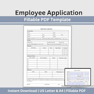 以下が含まれることがあります： 従業員申請用の、入力可能なPDFテンプレート。このドキュメントには、個人データ、職務経歴、および参照用のセクションが含まれています。「Employee Application」と「Fillable PDF Template」のテキストが上部に表示されています。下部のテキストは「Instant Download | US Letter & A4 | Fillable PDF」です。