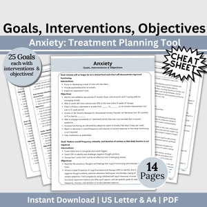 Anxiety Treatment Plan Cheat Sheet, Therapy Tool Measurable Goals Objectives and Interventions, Treatment Planning, Therapist Office