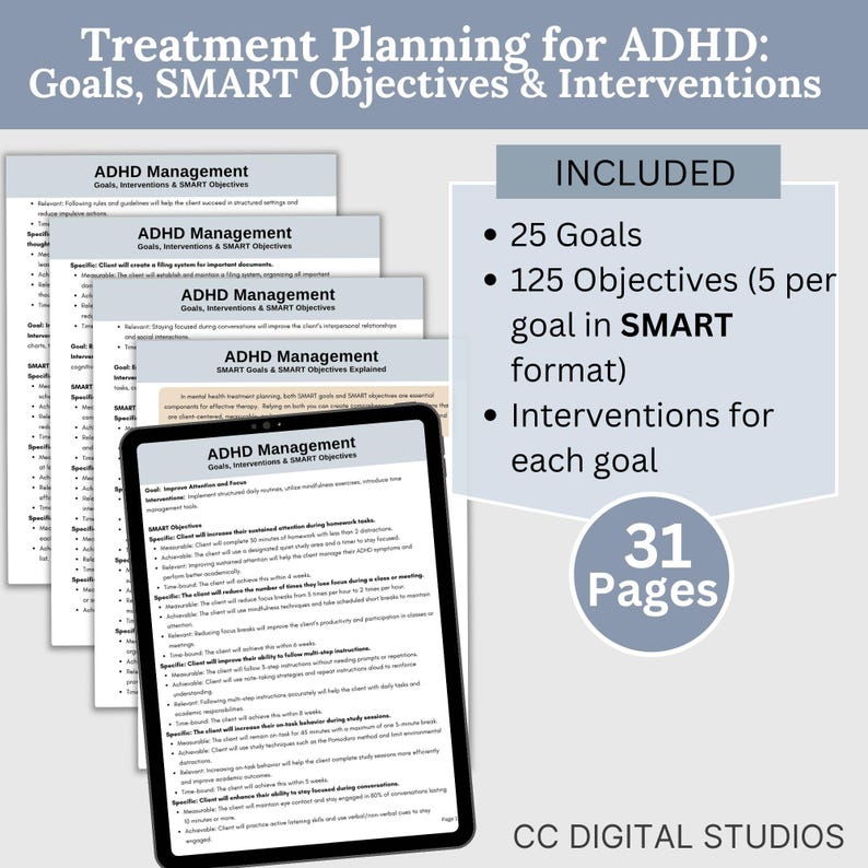 ADHD SMART Goals Worksheet inside page digital PDF download with structured planner for objectives therapy and executive function skill development