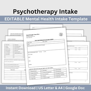 Könnte beinhalten: Ein Stapel weißer Papierformulare mit der Aufschrift "Psychotherapy Intake" und "Mental Health Intake Template". Die Formulare enthalten Abschnitte für Patienteninformationen, Symptom-Checklisten und einen Bereich für ein Logo. Der Text "Instant Download | US Letter & A4 | Google Doc" befindet sich unten.