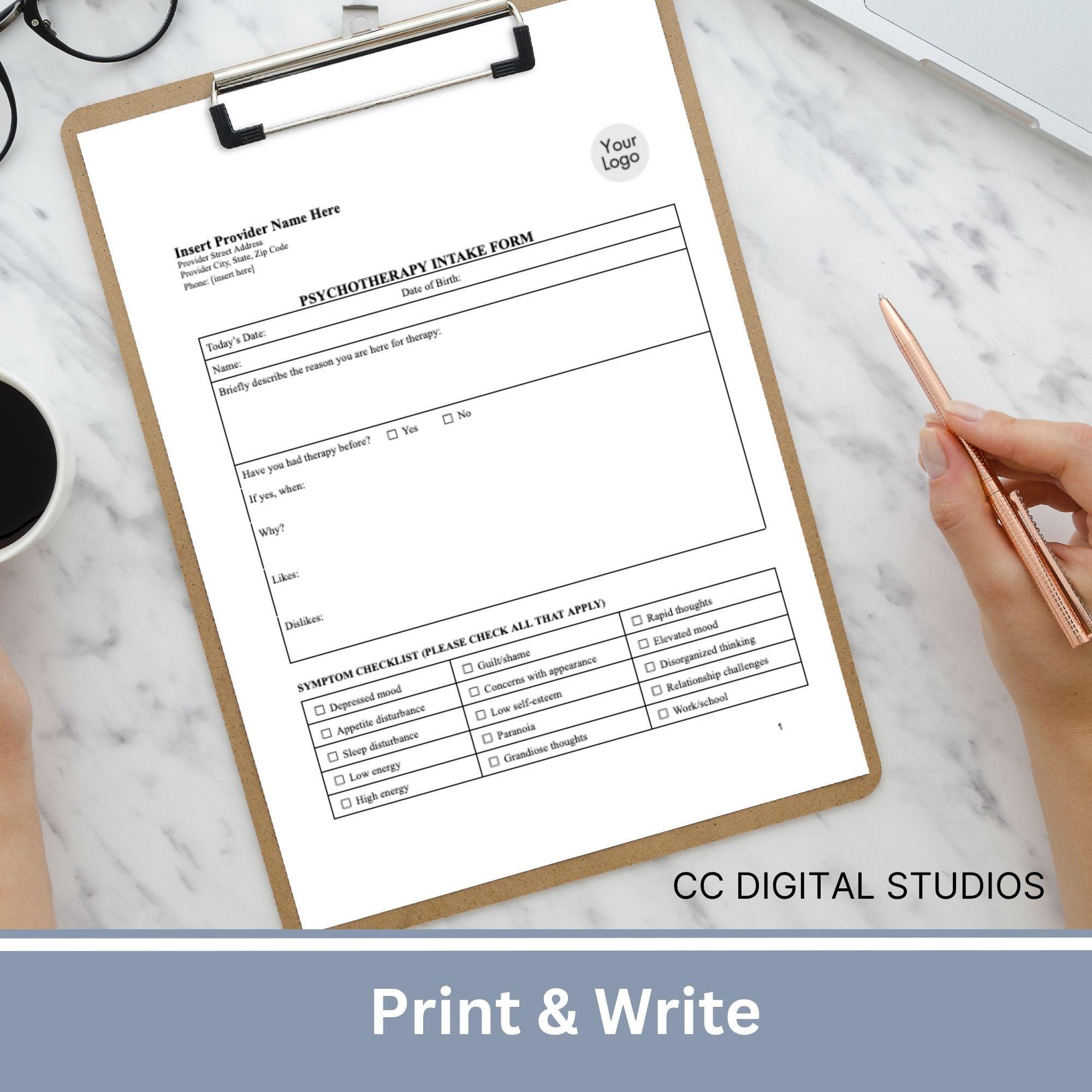 Psychotherapy Client Intake Form for Mental Health Professionals ...