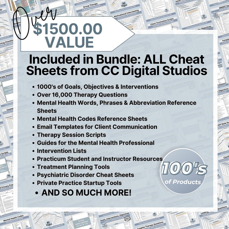 Close up of therapy interventions reference sheet digital PDF showing counselor prompts therapist tools mental health practice aids for efficient session use and planning