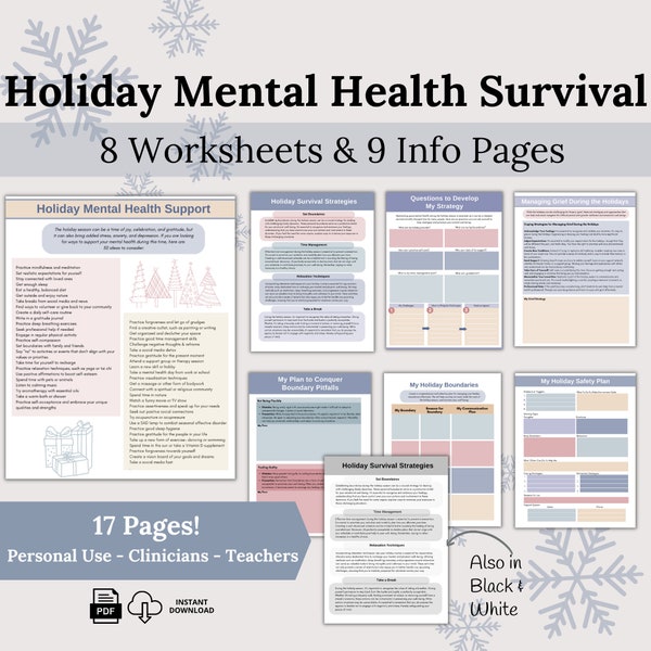 Holiday Survival Mental Health Worksheets, Managing Grief Gift, Boundaries Setting, Holiday Mental Health Support, Holiday Self Care