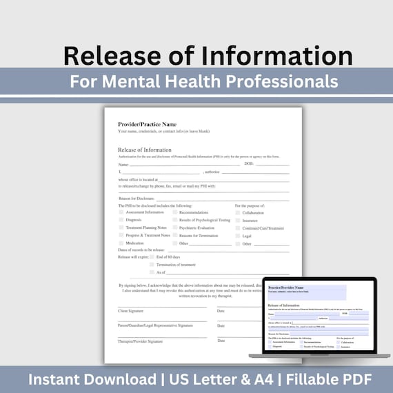 Mental Health Release of Information Form: Therapy Paperwork (Fillable PDF)