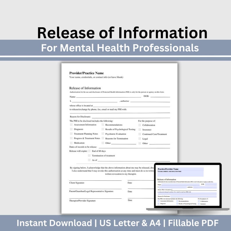 Peut inclure: Un formulaire PDF remplissable pour la lib&eacute;ration d'informations sur la sant&eacute; mentale. Le formulaire comprend des sections pour le nom du fournisseur, le nom du patient, la date de naissance, la raison de la divulgation et le but de la lib&eacute;ration. Il comprend &eacute;galement des cases &agrave; cocher pour diff&eacute;rents types d'informations &agrave; lib&eacute;rer, tels que le diagnostic, les notes de planification du traitement et les m&eacute;dicaments.