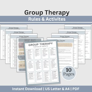 May include: A printable PDF resource for group therapy, featuring a calendar of topics by month and a list of group therapy rules. The document is designed for use in mental health settings.
