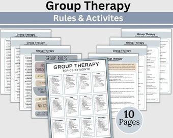 Puede incluir: Una colección de 10 páginas de recursos para terapia grupal, que incluye reglas, actividades y un calendario mensual de temas. Los documentos presentan encabezados claros como Group Therapy, Group Rules y Topics by Month en papel blanco con detalles grises.