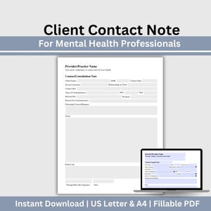 Therapy Client Contact Note: Fillable PDF Consultation Form (US Letter & A4)